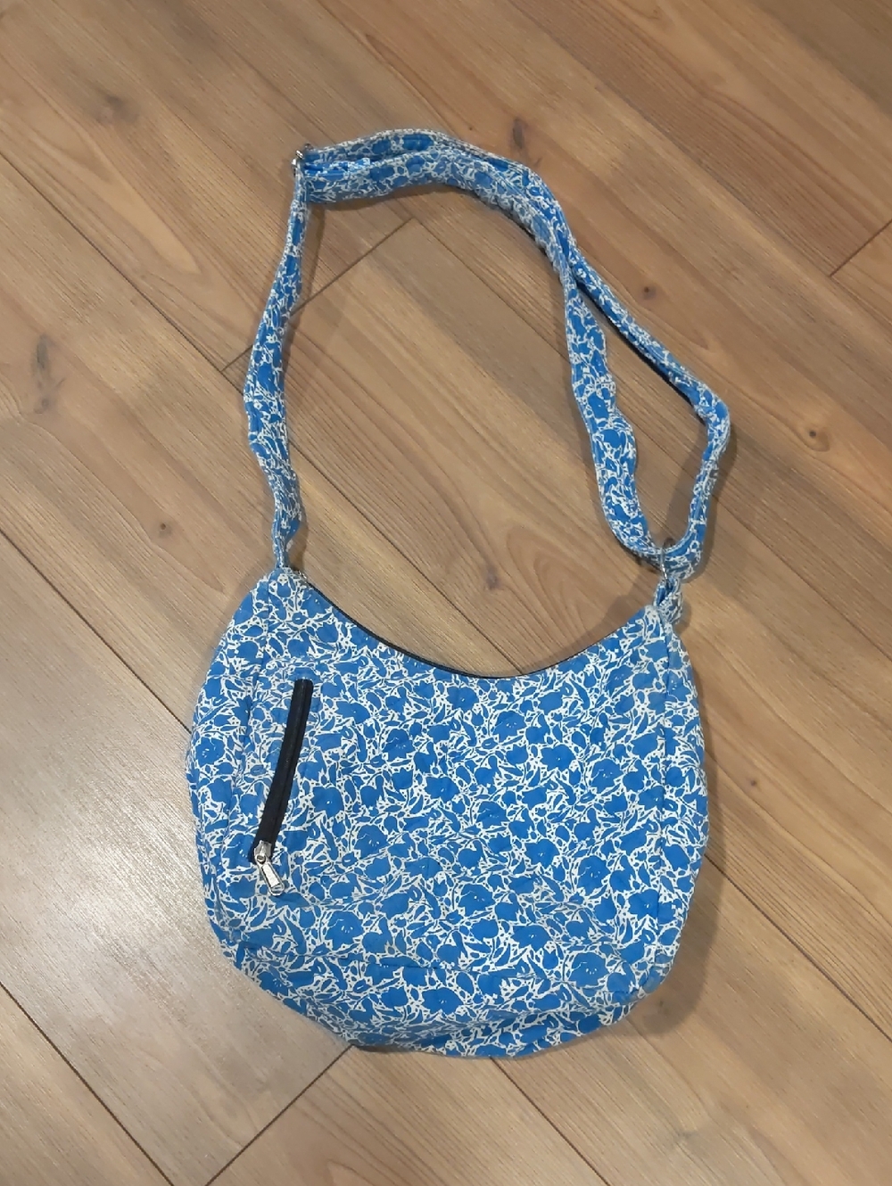 ByTavi Blue Floral Print Crossbody Hobo Bag with Front Zip Pocket